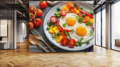 Fried eggs with colorful vegetables on a plate, healthy, food, breakfast, fried eggs, vegetables, nutritious, delicious, meal Wall mural