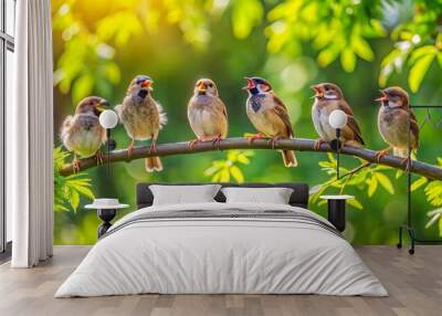 Funny little birds chirping on a branch in a spring sunny park , birds, branch, spring, park, chirping, nature, cute, small Wall mural