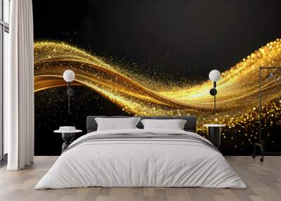 Golden wave with gold dust on black background, gold, wave, black, background, shiny, luxury, elegant, abstract, design Wall mural