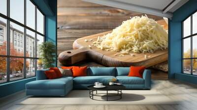 Grated mozzarella cheese on a wooden cutting board , mozzarella, cheese, grated, food, dairy, ingredient, cooking, Italian Wall mural