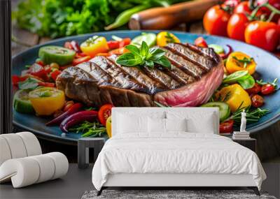 Grilled steak with colorful vegetables and fresh salad , food, barbecue, meal, beef, cooking, dinner, delicious, healthy Wall mural