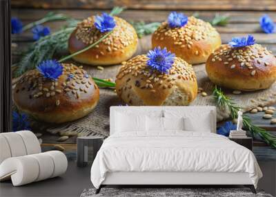 Healthy buns made with cornflowers and grains on a rustic background, healthy, buns, cornflowers, grains, field, organic Wall mural