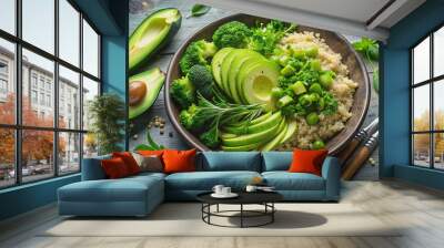 Healthy vegetarian meal consisting of fresh green vegetables, quinoa, and avocado, green, healthy, vegetarian, food, lunch Wall mural