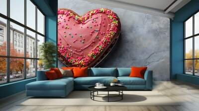 Heart-shaped chocolate cake decorated with pink frosting and sprinkles, heart-shaped, chocolate, cake, dessert Wall mural