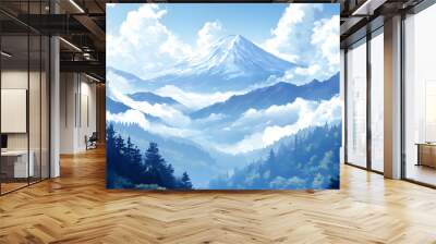 Majestic Mountain Peak with Clouds and Forest Landscape Wall mural