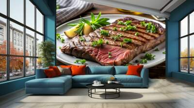 Perfectly cooked skirt steak on a plate, juicy, delicious, grilled, meat, beef, cuisine, gourmet, restaurant, meal, served Wall mural