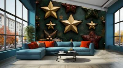 Rustic Wooden Stars and Holly on Green Background Wall mural