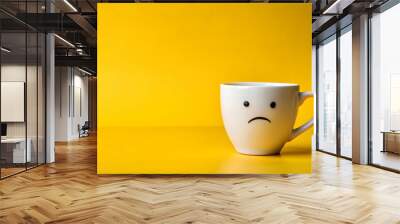 Sad face coffee cup on a yellow background, sad, face, coffee cup, yellow, background, drink, emotion, upset, lonely, depressed Wall mural