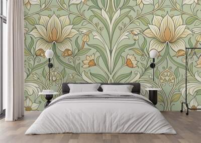 Seamless Art Nouveau-inspired floral pattern on pale sage green background, floral, leaves, seamless, blouse, border Wall mural