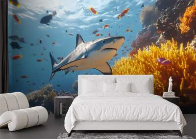 Shark Swimming Through Coral Reef Underwater Wall mural