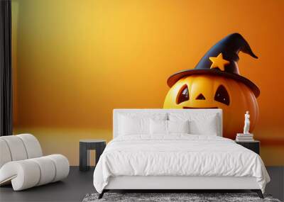 Smiling Jack-o-Lantern Wearing Witch Hat on Orange Background. Wall mural