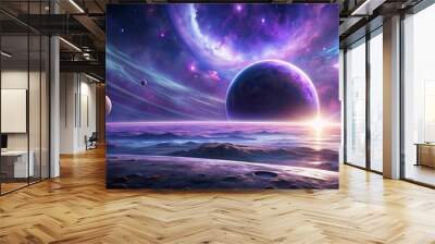 Surreal futuristic space scene with a purple planet , space, futuristic, surreal,purple, planet, stars Wall mural