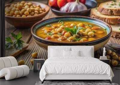 Traditional Tunisian chickpea soup with bread and olive oil drizzle in bowl on rustic table, Lablabi, Tunisian Wall mural