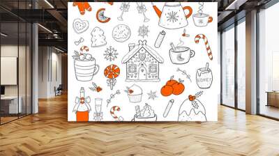 Christmas drinks and sweets doodle set. Holiday food hand drawn outline vector illustration. Cute cookies, gingerbread house, tea mugs, champagne bottle, candies and desserts Wall mural