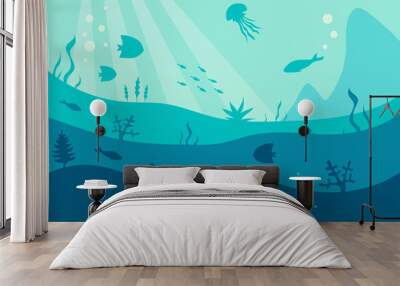 Underwater world silhouette, vector. Deep blue sea with fishes and seaweed, simple flat illustration Wall mural