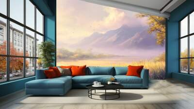 Mist-Filled Grassland at Sunrise Wall mural