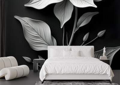 A black and white abstract floral design with a stylized flower shape and leaf Wall mural