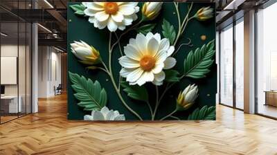 A dark background with vibrant white floral and green leaf   Wall mural