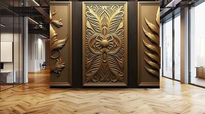 Three brass panels with intricate geometric patterns and a leaf motif  Wall mural