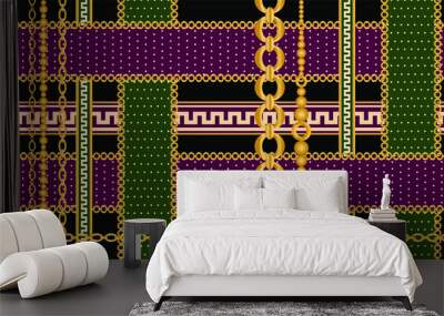 Seamless pattern decorated with precious stones, gold chains and pearls.	 Wall mural