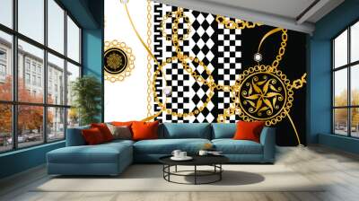 Seamless pattern decorated with precious stones, gold chains and pearls.	 Wall mural