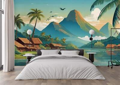 Tropical village at river view with flat art design illustration Wall mural