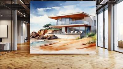 watercolor painting of a modern house by a European beach Wall mural