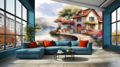 watercolor painting of a picturesque house by a European lake Wall mural