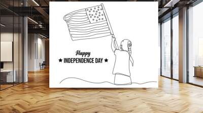 Continuous one line drawing 4th of July. Happy Independence Day concept. Single line draw design vector graphic illustration. Wall mural