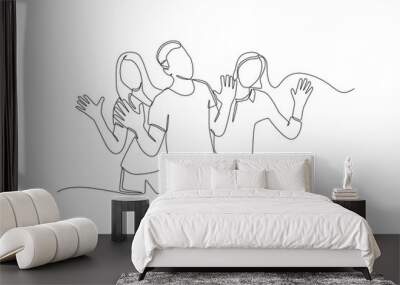 Continuous one line drawing happy people group with hands up standing together.. World smile day concept. Single line draw design vector graphic illustration. Wall mural