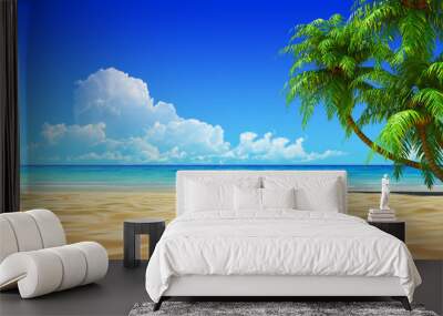 Palms on empty idyllic tropical sand beach Wall mural