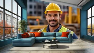 Close-up portrait of a smiling middle-aged male civil engineer wearing a yellow hard hat and reflective safety vest on a construction site. Engineer created with artificial intelligence. Wall mural