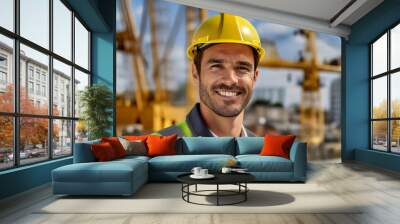 Close-up portrait of a smiling middle-aged male civil engineer wearing a yellow hard hat and reflective safety vest on a construction site. Engineer created with artificial intelligence. Wall mural