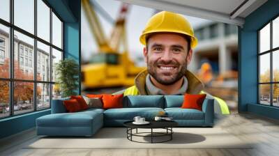 Close-up portrait of a smiling middle-aged male civil engineer wearing a yellow hard hat and reflective safety vest on a construction site. Engineer created with artificial intelligence. Wall mural