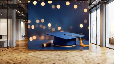 A graduation cap and diploma placed on a blue background with bokeh lights scattered around Wall mural