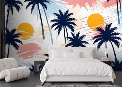 Seamless pattern featuring palm trees and the sun repeated in a design suitable for various applications Wall mural