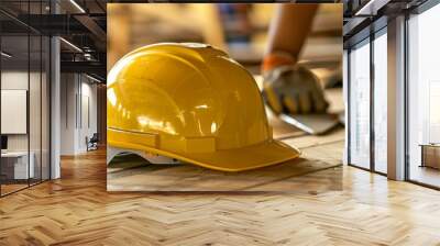 A yellow hard hat placed on a work desk, suggesting a work environment related to construction, engineering, or other industries where safety gear is essential. Wall mural