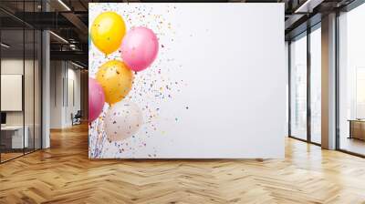 Colorful balloons and confetti on a white background. Wall mural