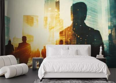 Double exposure of a group of business people with a cityscape Wall mural