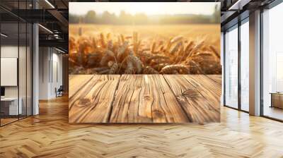 empty wooden tabletop with blurred wheat field background for product display montage Wall mural