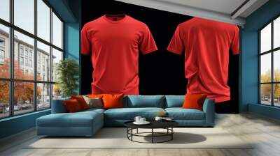 front and back view of blank red t shirt for design presentation mockup or print advertising isolated black background. Wall mural