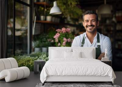 Happy young man standing in his flower shop Wall mural