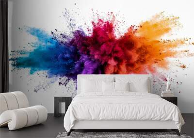 Multicolored explosion of rainbow powder paint isolated on white background. Wall mural