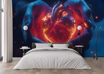 The human heart shines in the hands of a doctor. Wall mural