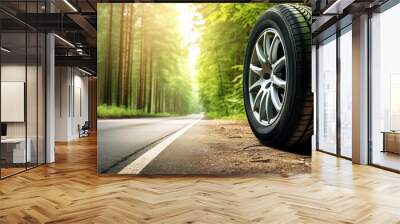 Tires on the asphalt road, Low angle side view. Wall mural