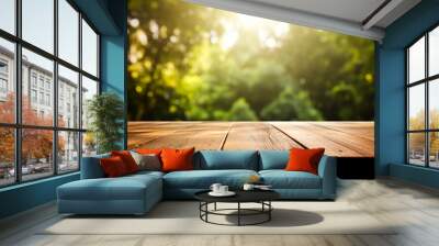 Wooden table on blurred nature background. Wall mural