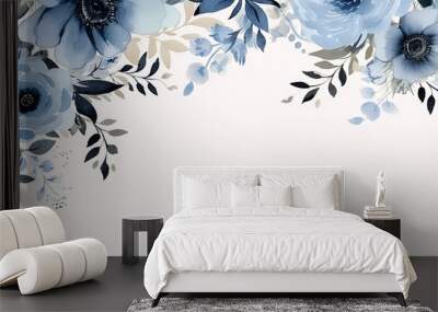 beautiful design watercolor floral background square frame with blue flower design on white background Wall mural