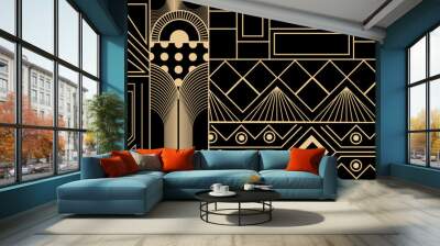 Gold art deco panels on dark black background. Vintage antique palette art deco wallpaper pattern vector Wall mural