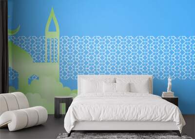 Islamic blue banner background with crescent pattern moon star mosque lantern. Vector illustration Wall mural