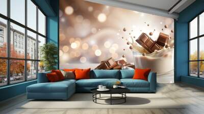 refreshing milkshake and chocolate chunks with abstract coffee-toned background Wall mural